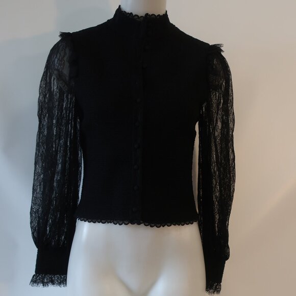 Womens Alice + Olivia Black Knit Button Down Blouse W/Lace Sheer Sleeves M - Picture 1 of 13